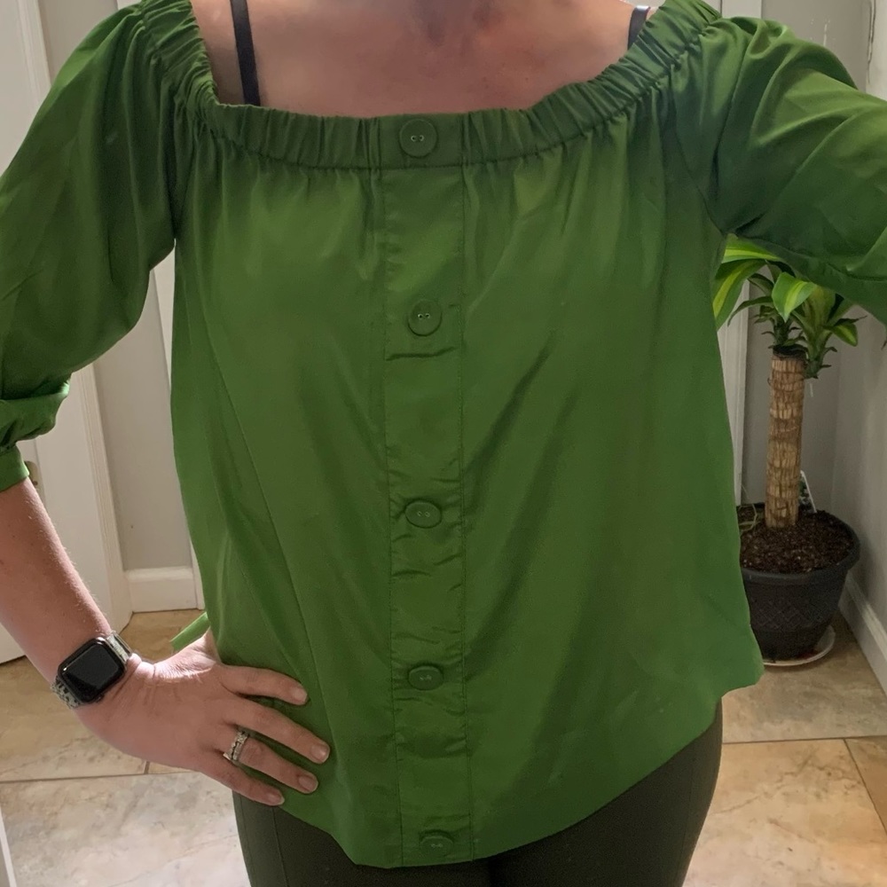 Green Off-Shoulder Button Down Top